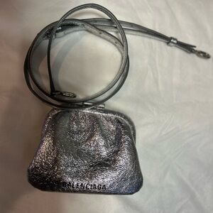 Balenciaga Metallic Silver Coin Purse with strap